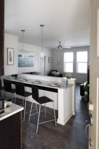 Apartment living room and kitchen with counter seating