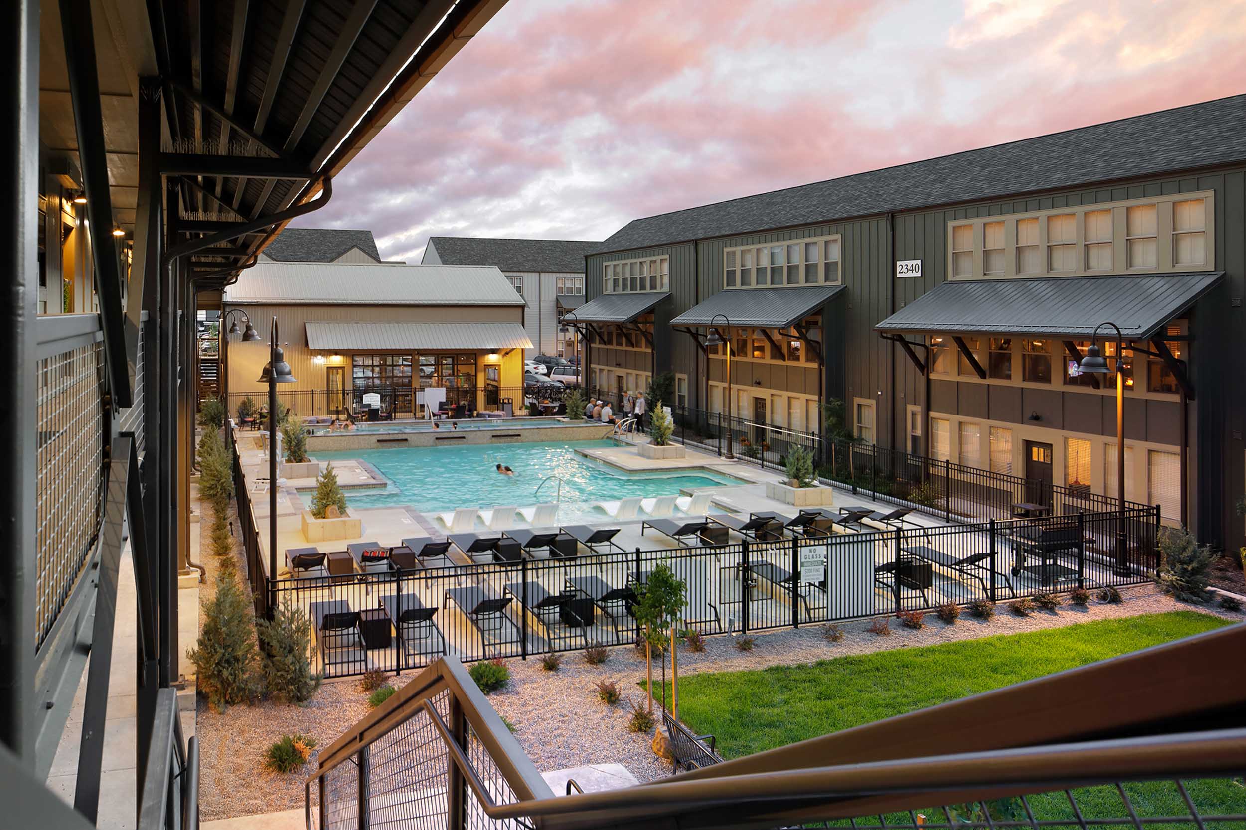 Evening view of pool courtyard