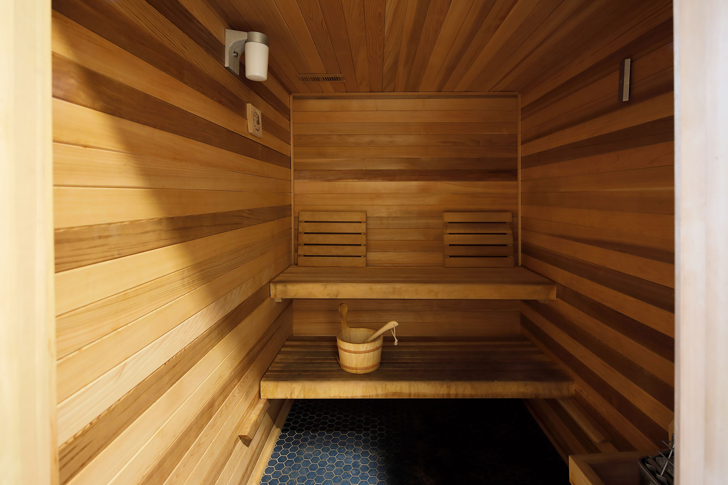 Wood heated sauna with bench