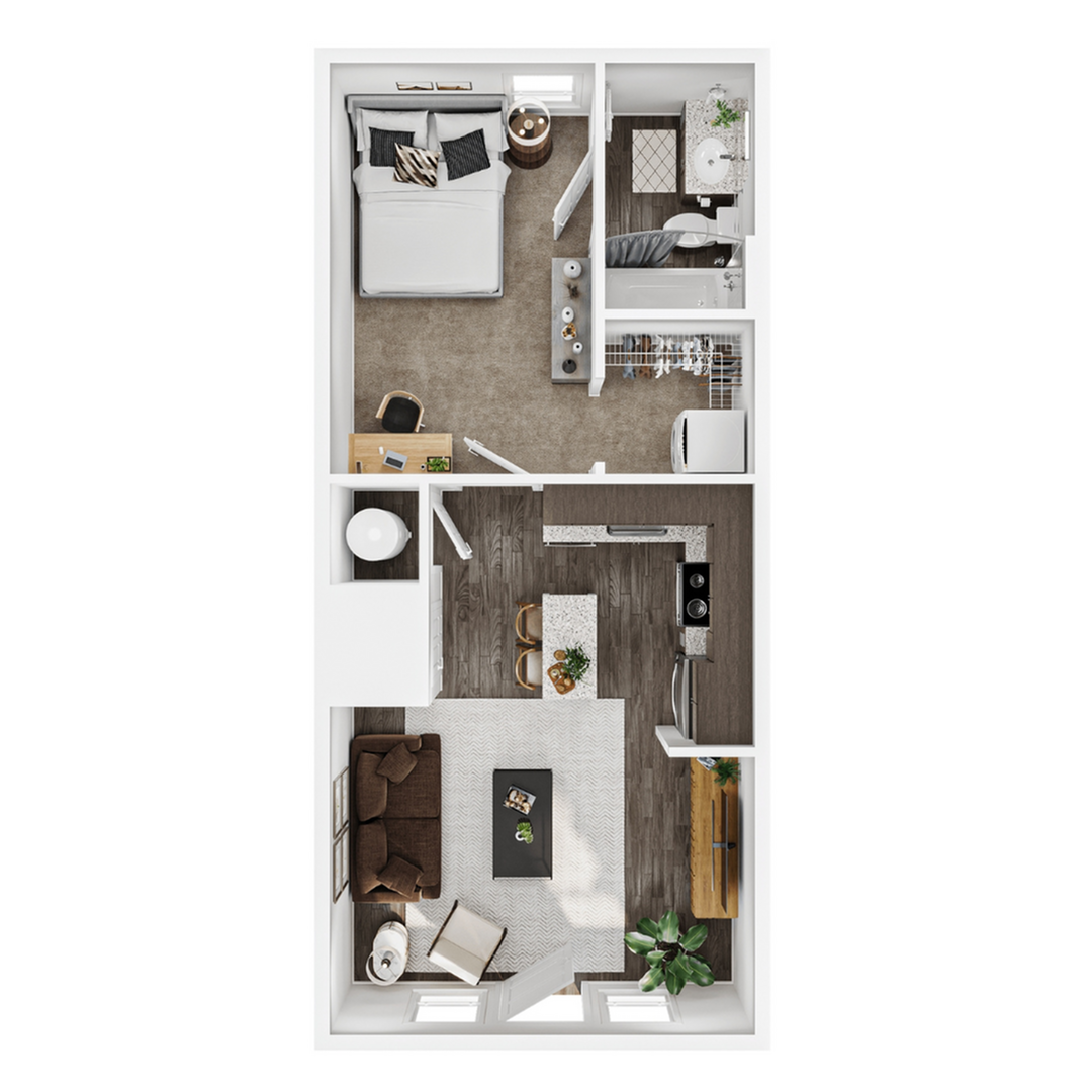 A 3D image of the 1BR/1BA – Flat floorplan, a 574 squarefoot, 1 bed / 1 bath unit