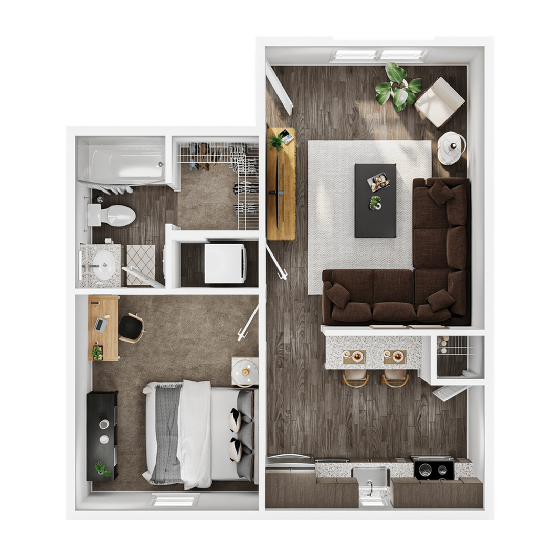 A 3D image of the 1BR/1BA – Lodge floorplan, a 595 squarefoot, 1 bed / 1 bath unit