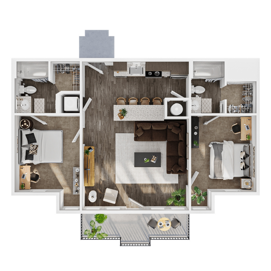 A 3D image of the 2BR/2BA – Flat floorplan, a 941 squarefoot, 2 bed / 2 bath unit