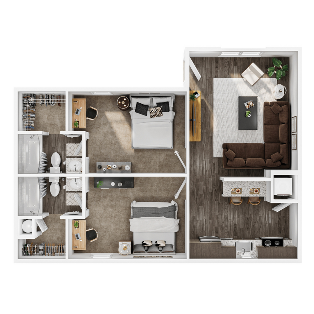 A 3D image of the 2BR/2BA – Lodge floorplan, a 865 squarefoot, 2 bed / 2 bath unit