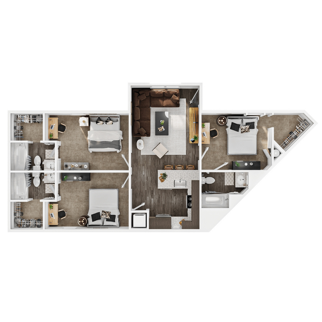 A 3D image of the 3BR/3BA – Lodge floorplan, a 1104 squarefoot, 3 bed / 3 bath unit