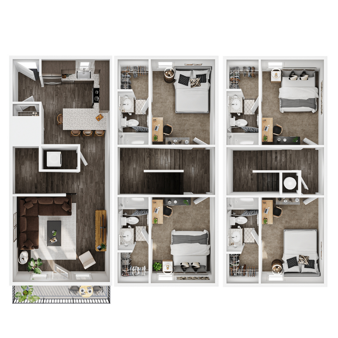 A 3D image of the 4BR/4BA – Townhome A-D-E floorplan, a 1716 squarefoot, 4 bed / 4 bath unit