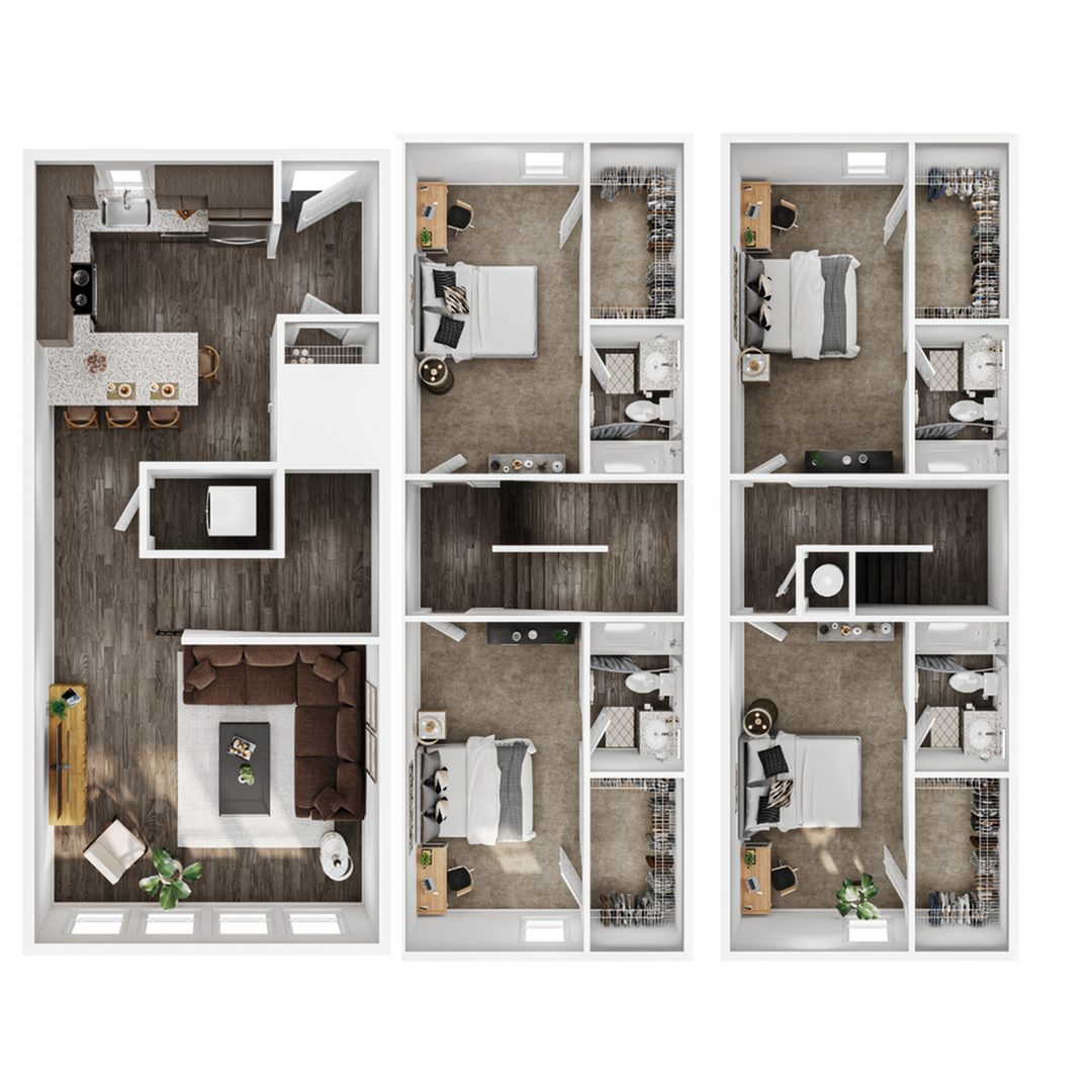 A 3D image of the 4BR/4BA – Townhome B floorplan, a 2024 squarefoot, 4 bed / 4 bath unit