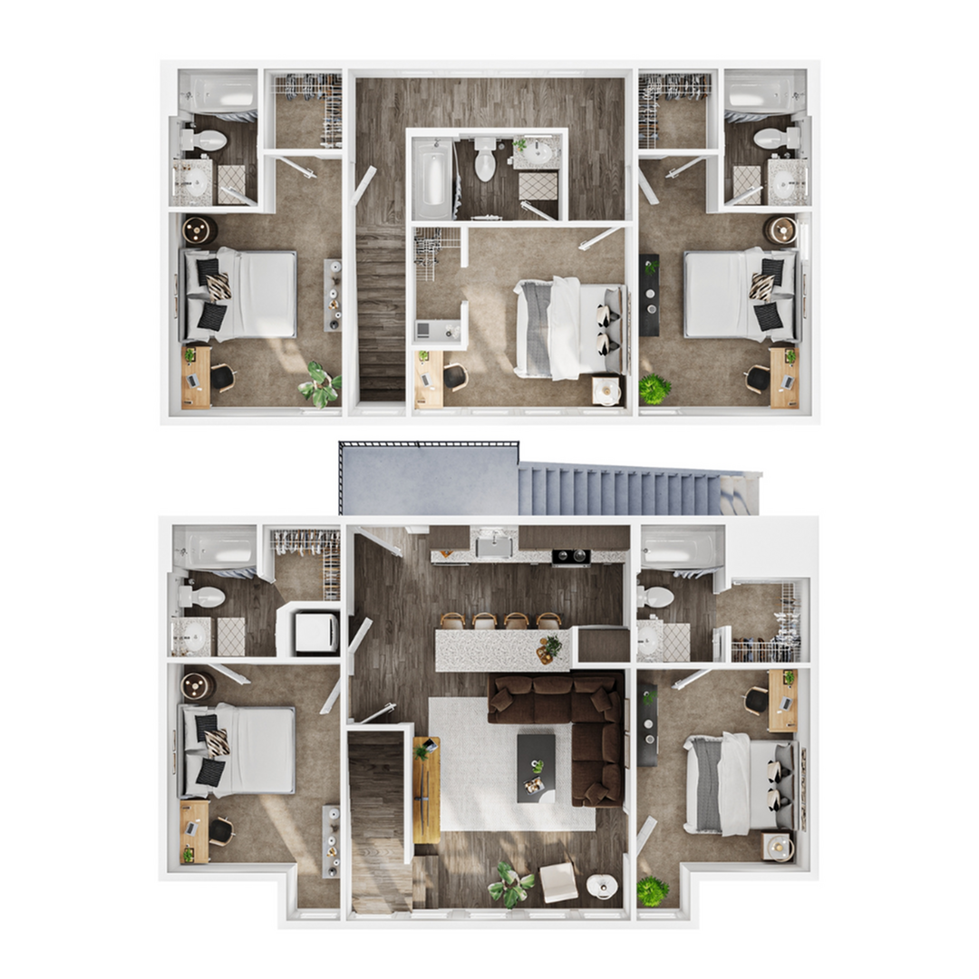 A 3D image of the 5BR/5BA – Townhome floorplan, a 1882 squarefoot, 5 bed / 5 bath unit