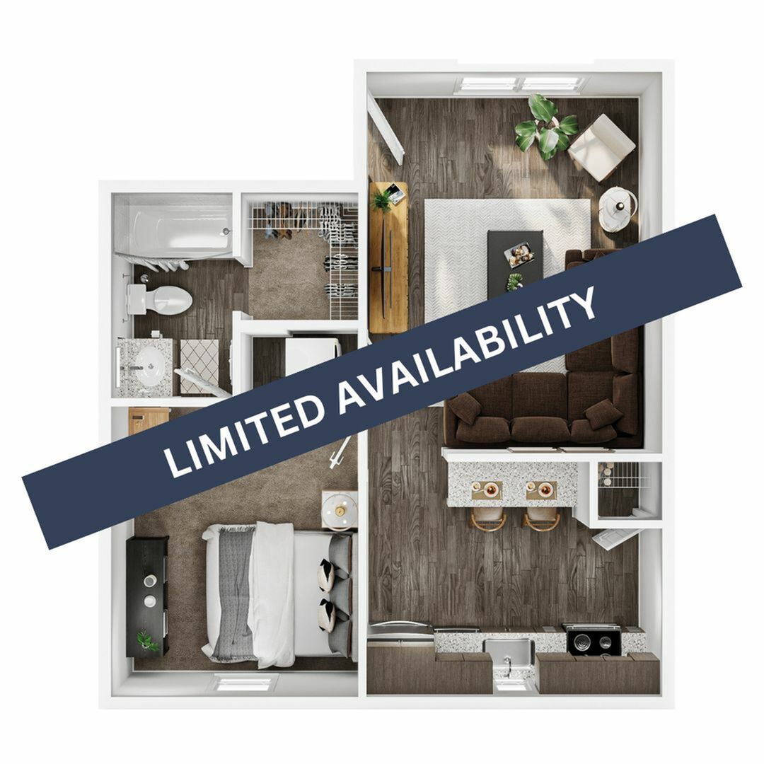 A 3D image of the 1BR/1BA – Lodge floorplan, a 595 squarefoot, 1 bed / 1 bath unit