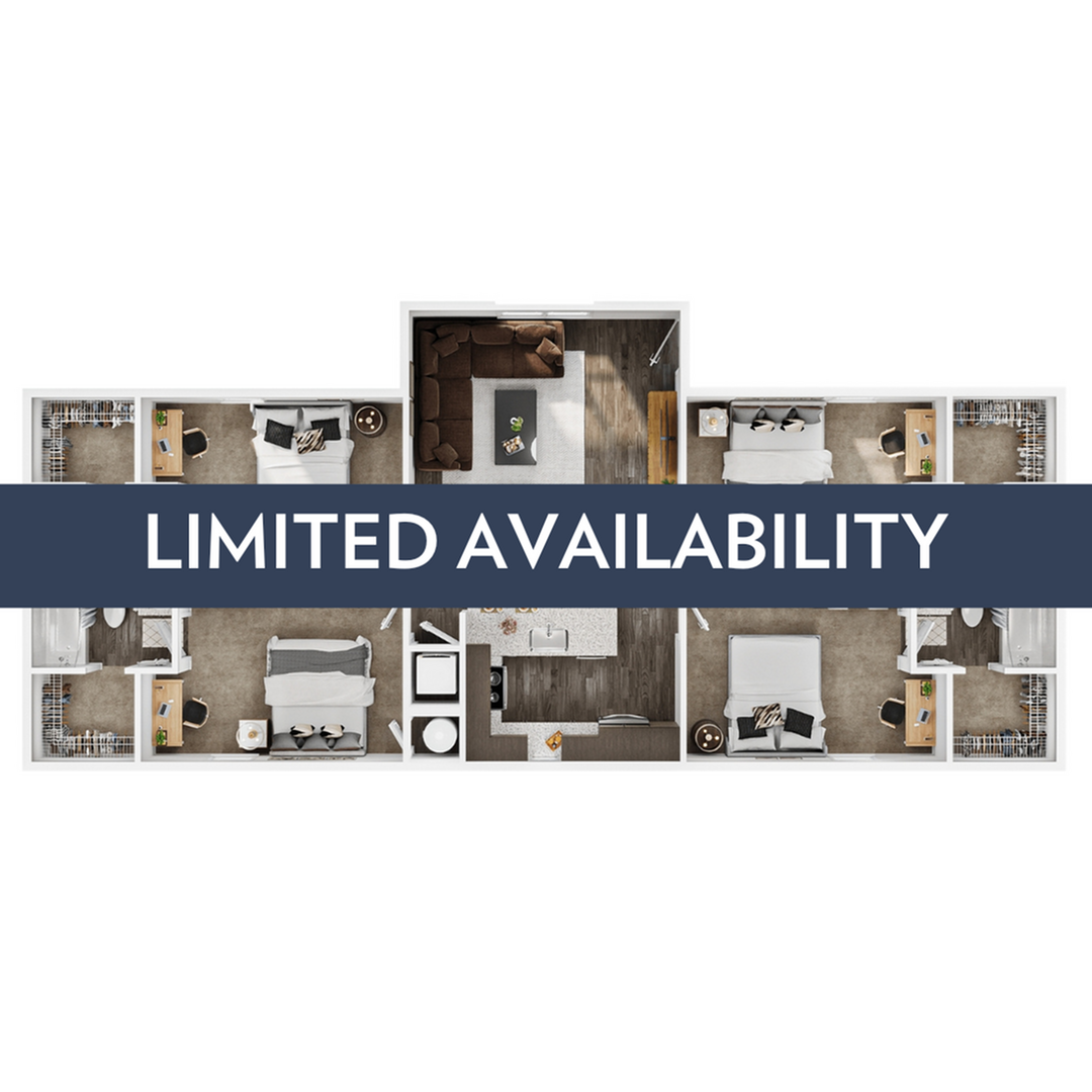 A 3D image of the 4BR/4BA – Lodge floorplan, a 1403 squarefoot, 4 bed / 4 bath unit