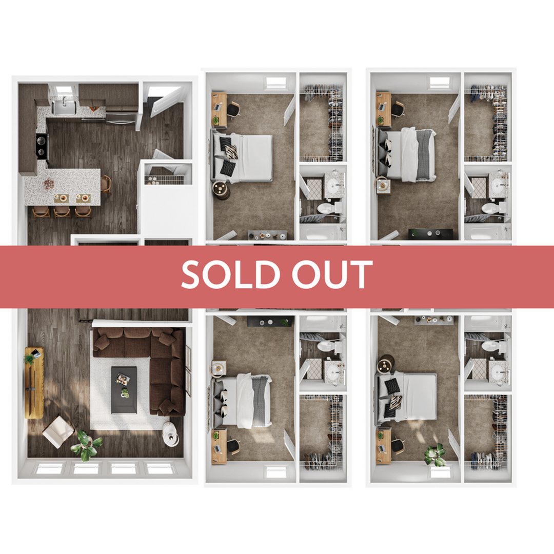 A 3D image of the 4BR/4BA – Townhome B floorplan, a 2024 squarefoot, 4 bed / 4 bath unit