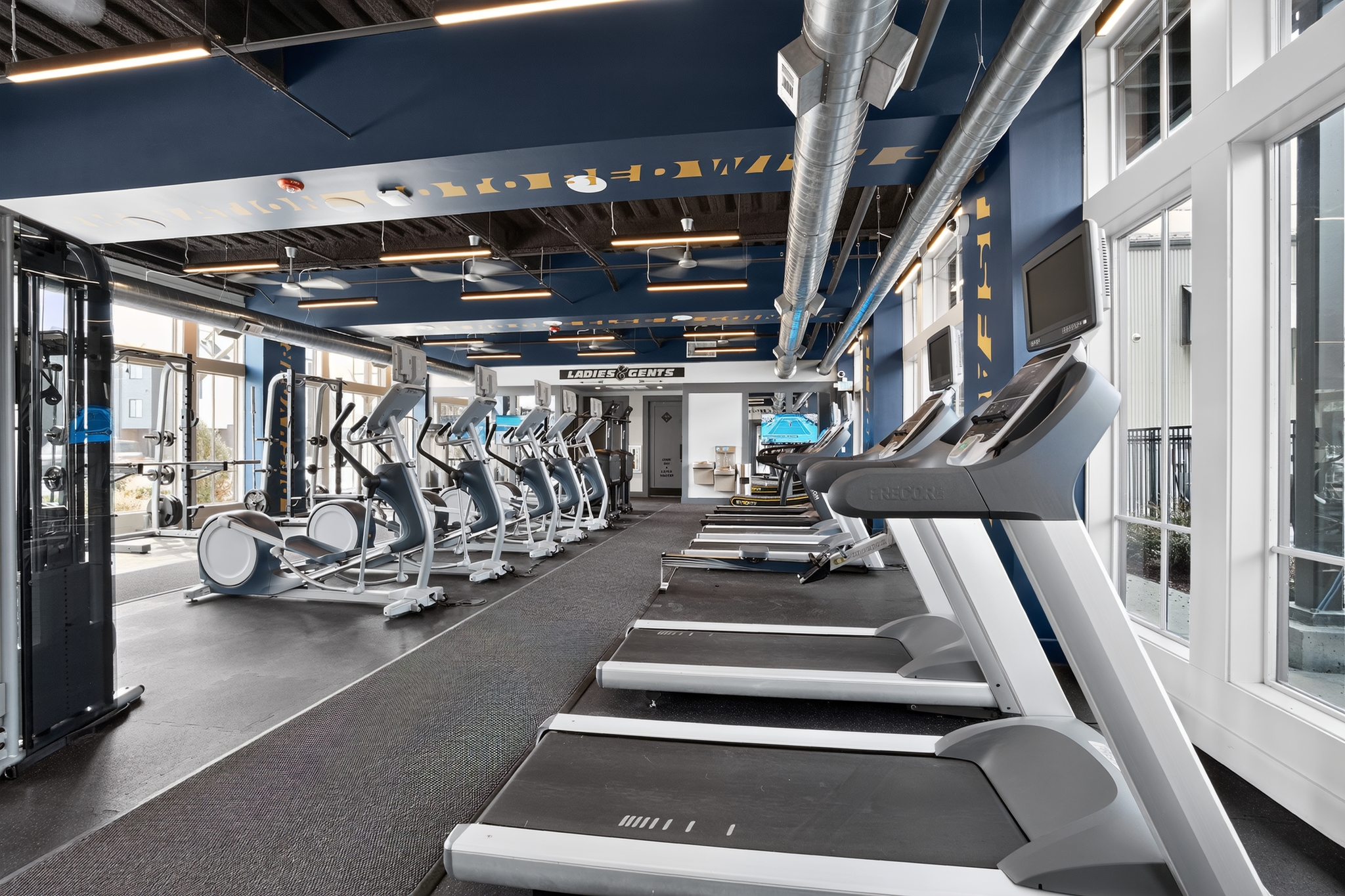 Fitness center with treadmills, stairclimbers, and cable machines